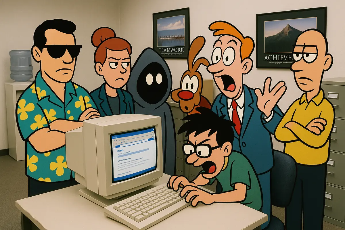 The full team together in the 1990s newsroom